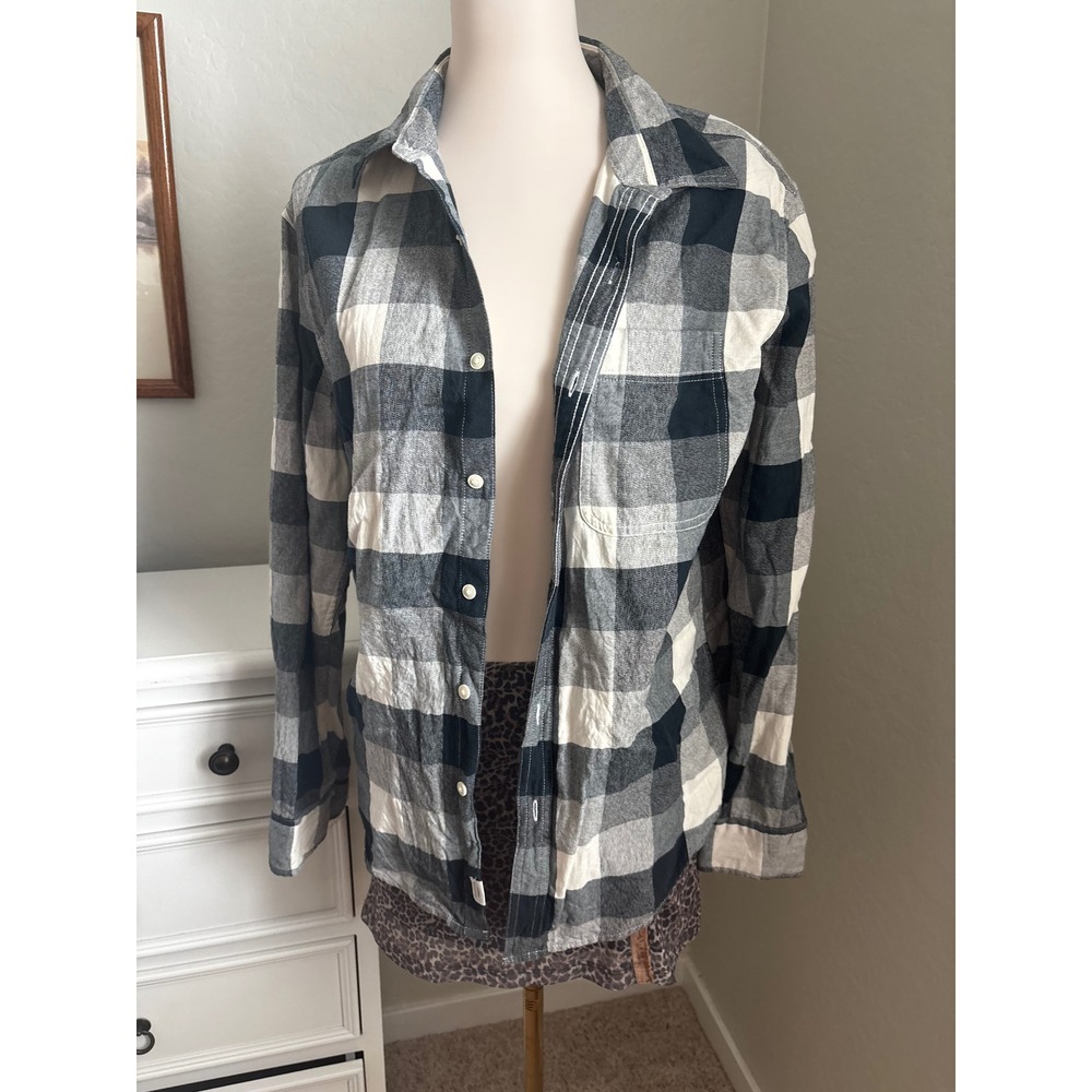 American Eagle Super Soft Flannel Shirt Black Grey White Buffalo Plaid Mens M